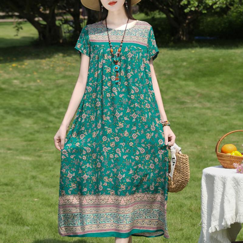 Damen Plus Size Boho-Print Maxikleid, Kurzarm Freizeit-Sonnenkleid (XL-5XL)