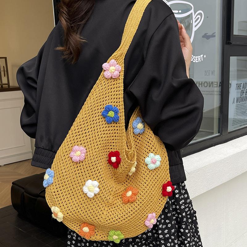 Woven Bag Women's New Shoulder Tote Bag Lazy Wind Knitted Hollow Flower Beach Bag
