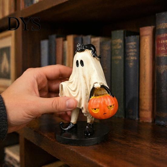 Unique Niche Gift Vintage Halloween Ghost Figurine, Cute Spooky Resin Statue with Pumpkin Artistic Desktop Collection Bucket And Black Cat for Indoor