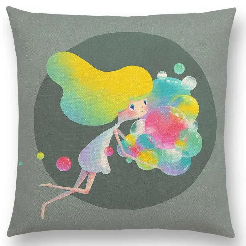 Neuankömmling Niedliche Cartoon-Tiere Kleine Katze Traum Elch Hübsches Mädchen Wald Leuchtender Stern Kissenbezug Sofa Wurfkissenbezug