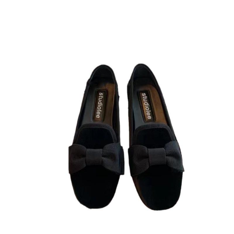 Spring New Niche Retro Velvet Flat-soled Single Shoes Commuting Sweetheart Miu's Home One-pedal Bow Loafers