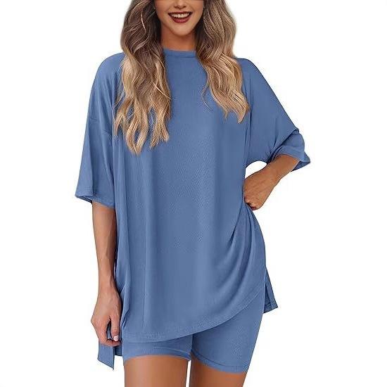 Women's Crew Neck Half Sleeve Oversized T Shirt Biker Shorts Loungewear Two Piece Pajama Set Casual Solid Outfit