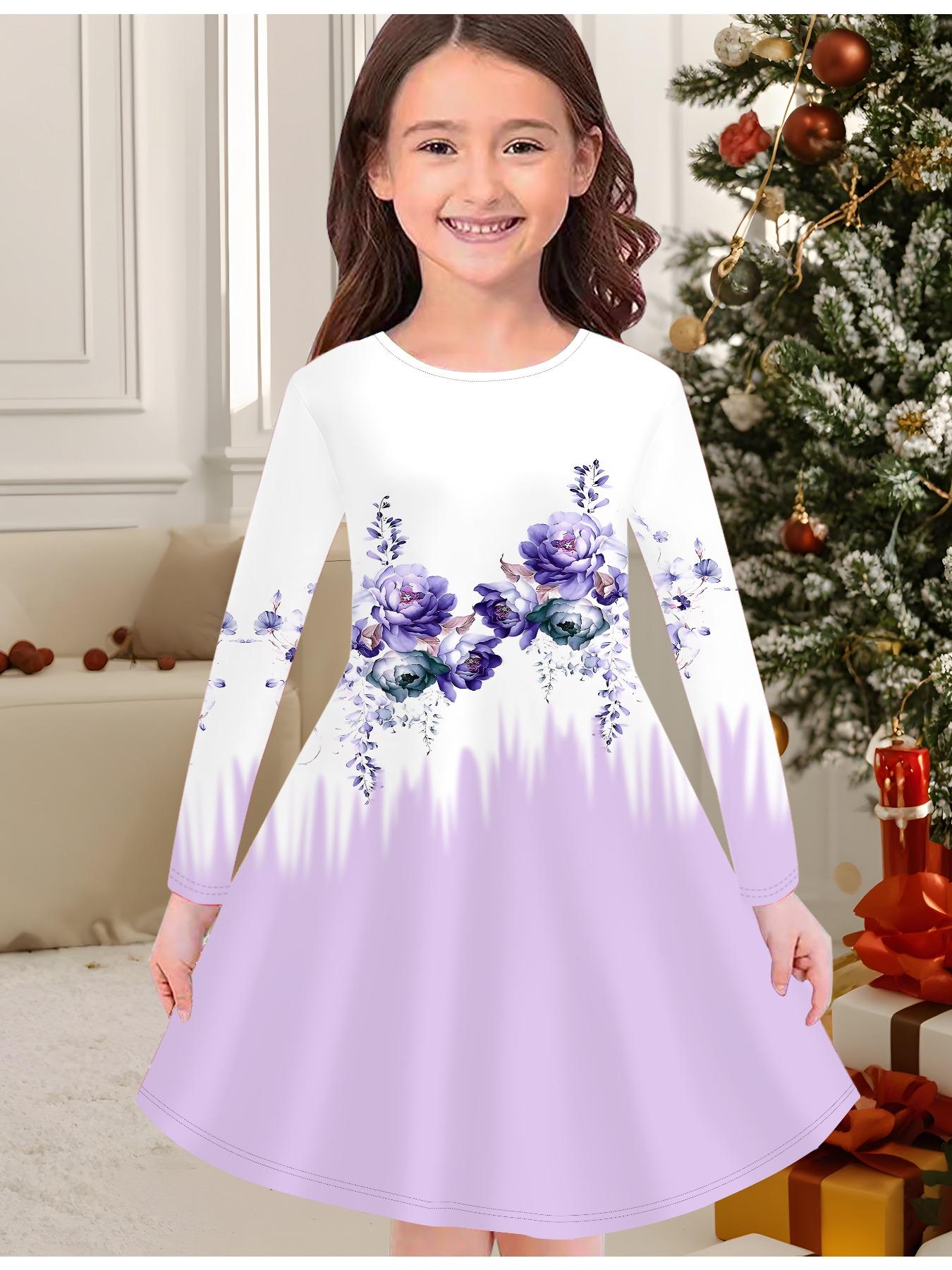 

Модна осіння та зимова сукня для дівчаток, сукня-футболка дитяча з довгим рукавом та круглим вирізом, з 3D квітковим принтом, повсякденна, універсальна, різдвяний одяг 170 фіолетовий