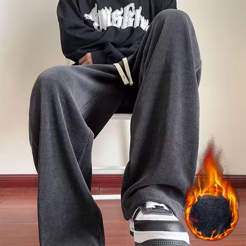 Men's Autumn Winter Hong Kong-Style Loose Plus-Size Straight-Leg Casual Pants Fashionable Simple Fleece-Lined Wide-Leg Pants