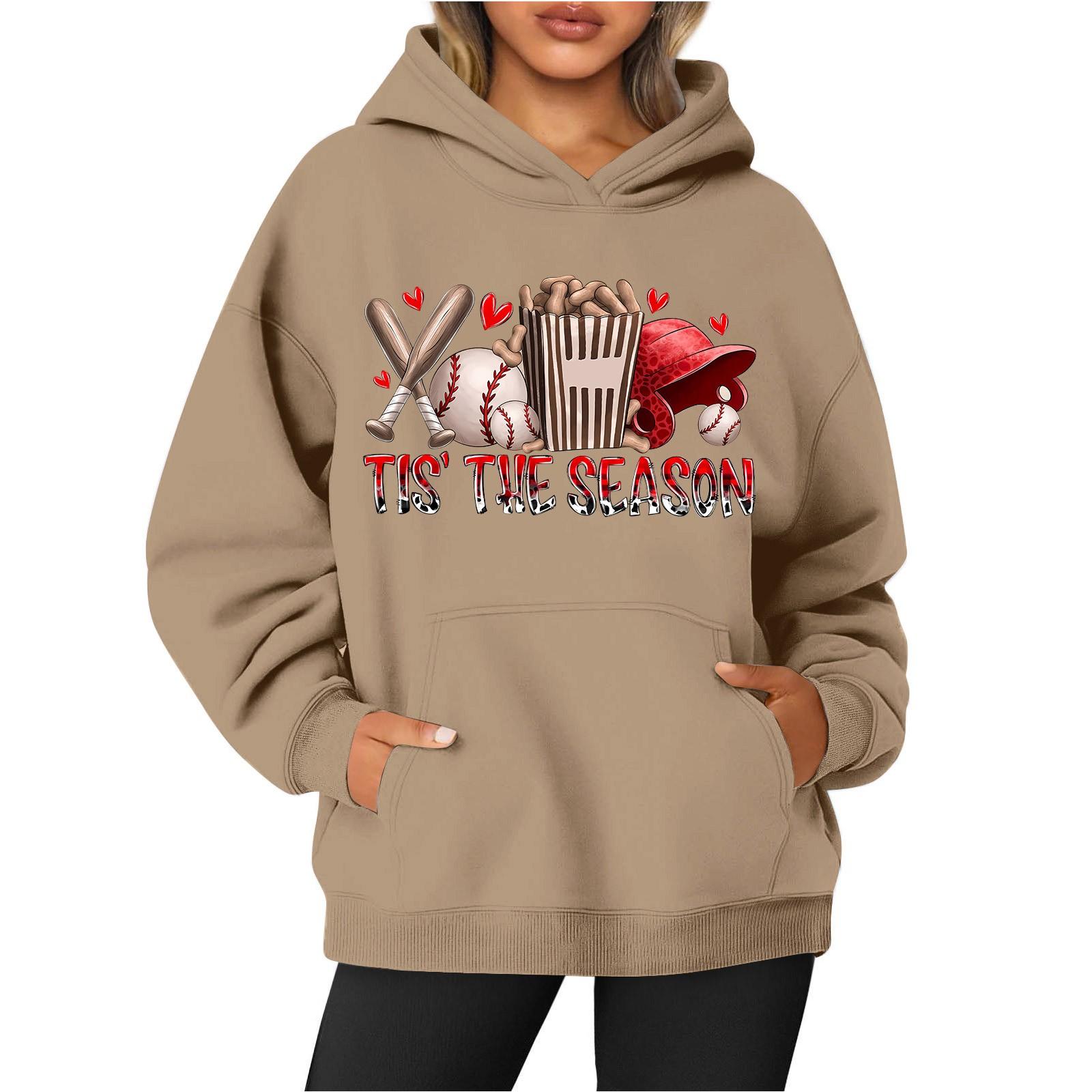 

Women s Round Neck Long Sleeve Baseball Print Top Hoodie M хакі