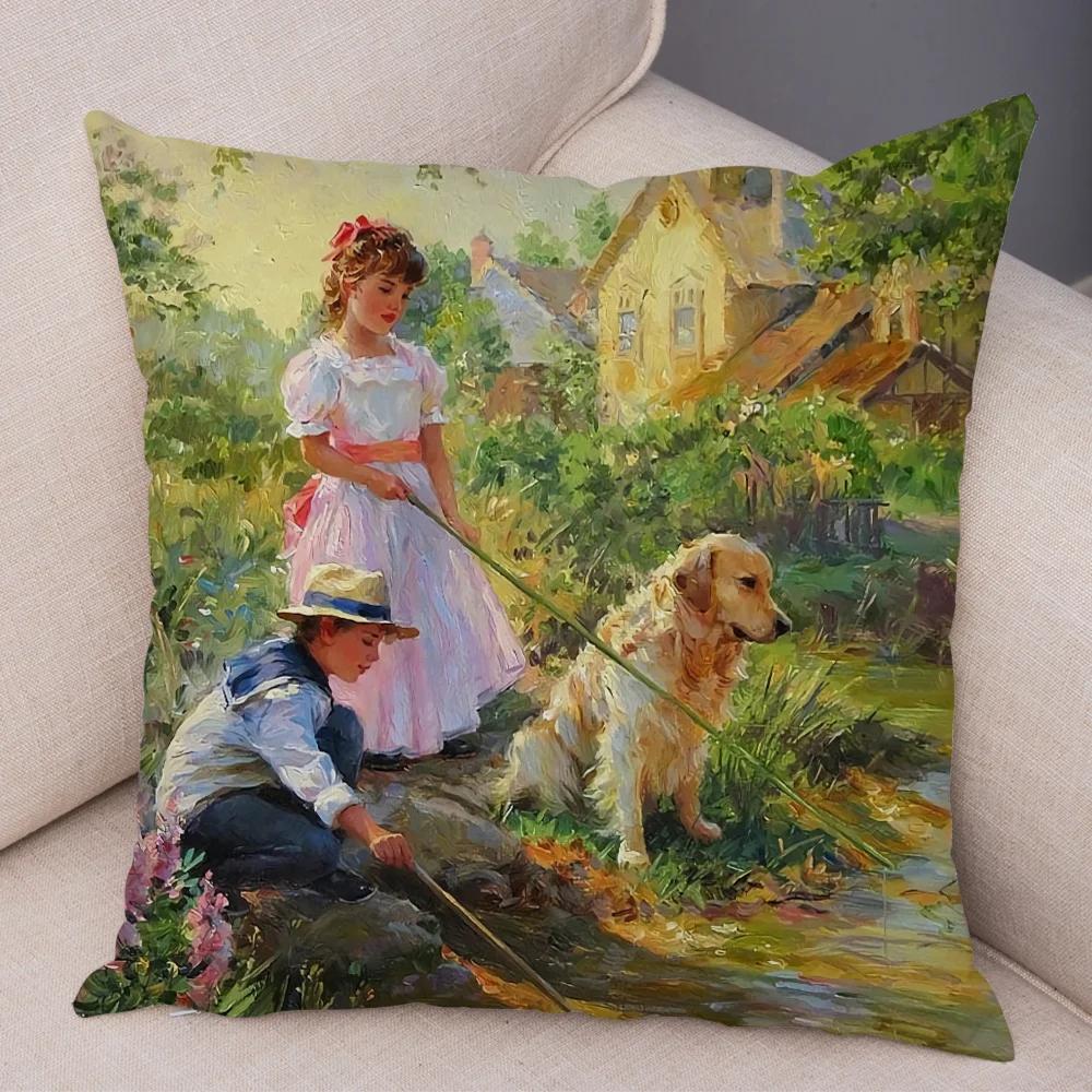 Cute Cartoon Children Cushion Cover Decor Harajuku Oil Painting Lady Pillowcase for Sofa Home Soft Plush Throw Pillow Case