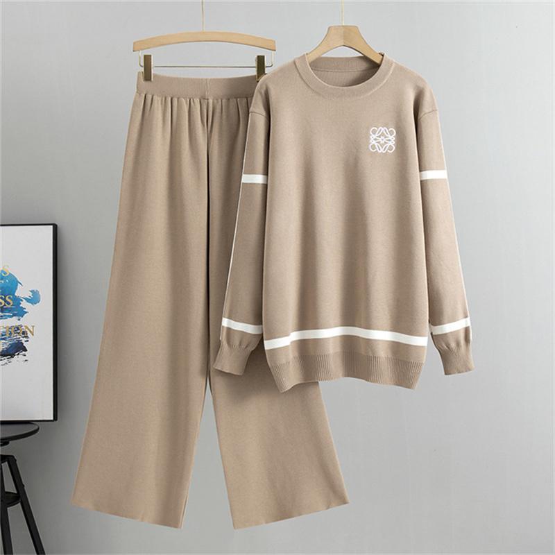 

Женский костюм в модном стиле весна-осень, контрастный вязаный топ, брюки широкого кроя, двойка, костюм-свитер One Size хаки