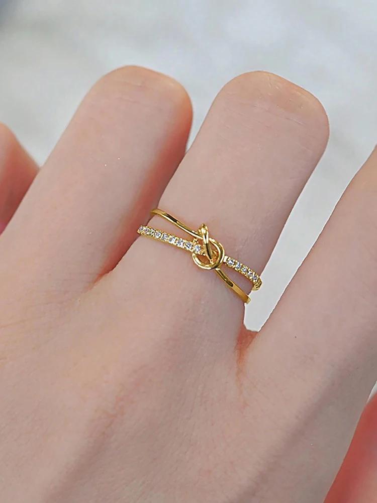 Bague double nœud en argent 925 personnalisée délicate dorée pour femme Fête d'anniversaire Créativité Haute Qualité Bijoux Fins