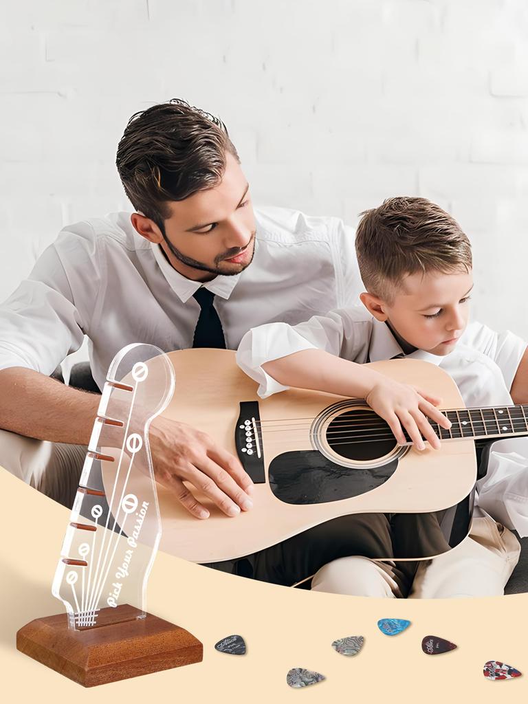 CoolGift Mart Guitar Pick Holder with Wooden Base for Pick Storage and Acrylic Electric Guitar Pick Stock Display Light-Up