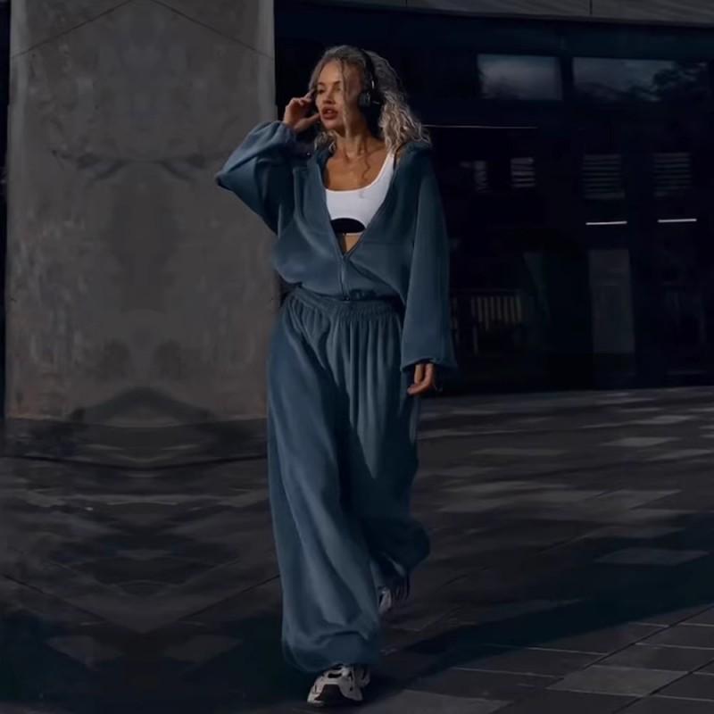 Womens Streetwear Casual 2-Piece Set Long Sleeve Zip-Up Knit Top Elastic Waist Wide Leg Pants