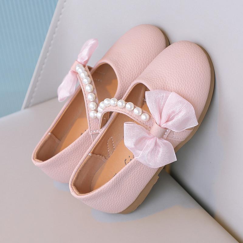Kids Mary Janes Shoes for Party Wedding Children Elegant Princess Shoes with Bow-knot Girls Pearls Flats Leather Shoes Round-toe