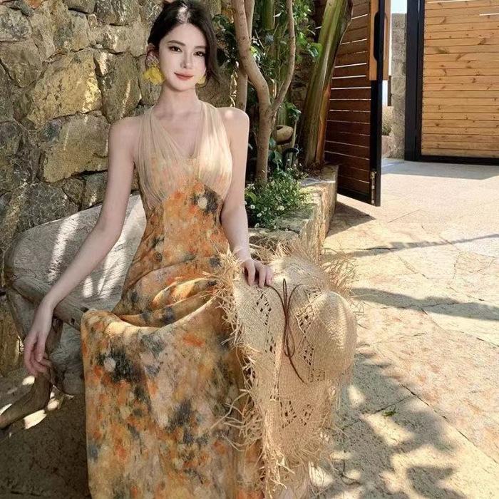 

Monet Garden Yellow Neck Dress Oil Painting Dress Premium Dopamine Island Bright Beach Seaside Vacation S