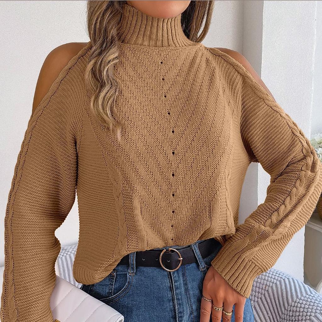 GMXIA Women's Fashion  Autumn Winter Solid Color Long Sleeve High Neck Loose Casual Off-the-shoulder Cut-out Knit Pullover Sweater