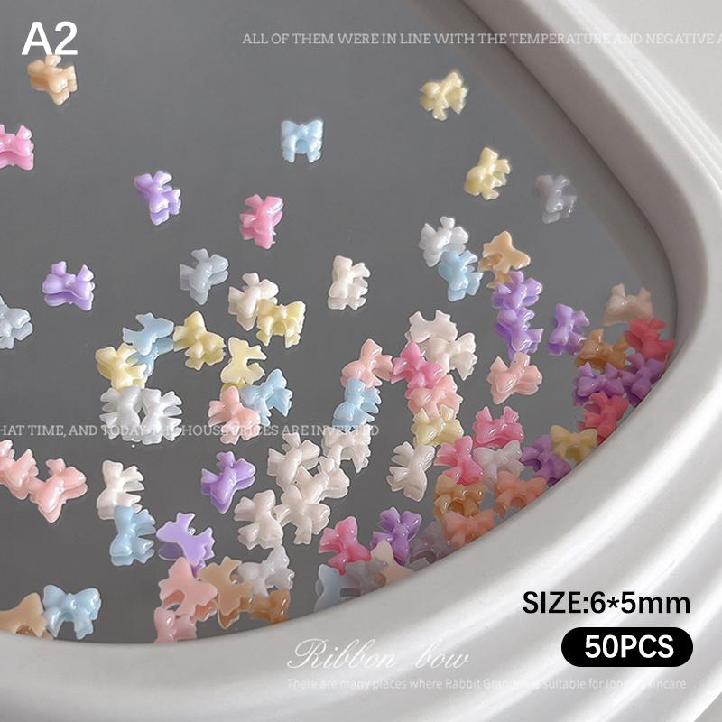 50Pcs Candy Color Bow Nail Art Parts Charms Mini Resin Ribbon Nail Rhinestones Diy Summer Nail Art Decor Accessories