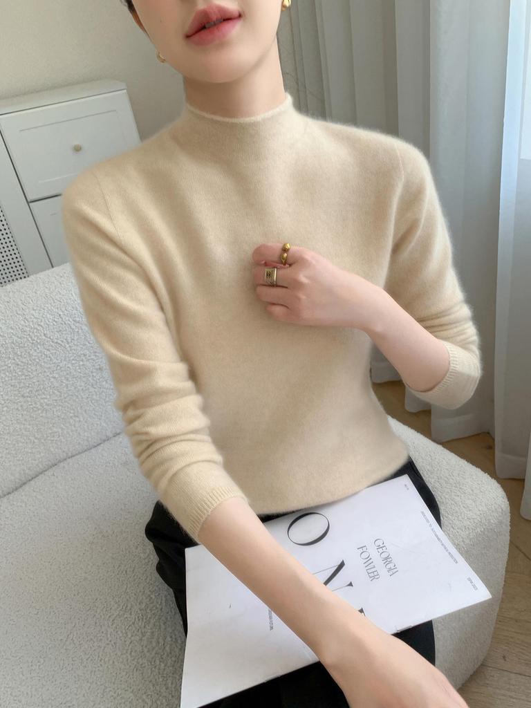 Light & Soft Textured Women's Baby Cashmere Sweater: 10 Colors, 7 Stitches, Rolled Collar, Thickened Knit, Fluffy & Cozy Base Layer