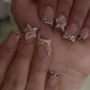 24Pcs Leopard Print French Press On Nails, Short Square Fake Nails with 3D Flower & Rhinestones