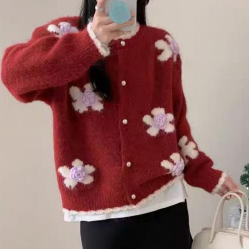 Womens Oversized Knit Cardigan With 3D Floral Embroidery Soft Casual Sweater Loose Fit