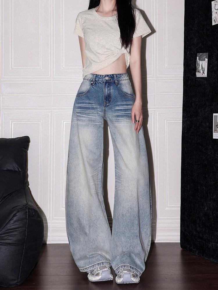 

Women s High Waist Retro Embroidered Bleached Jeans - Wide Leg, Floor Length 4XL (160-180 lbs)