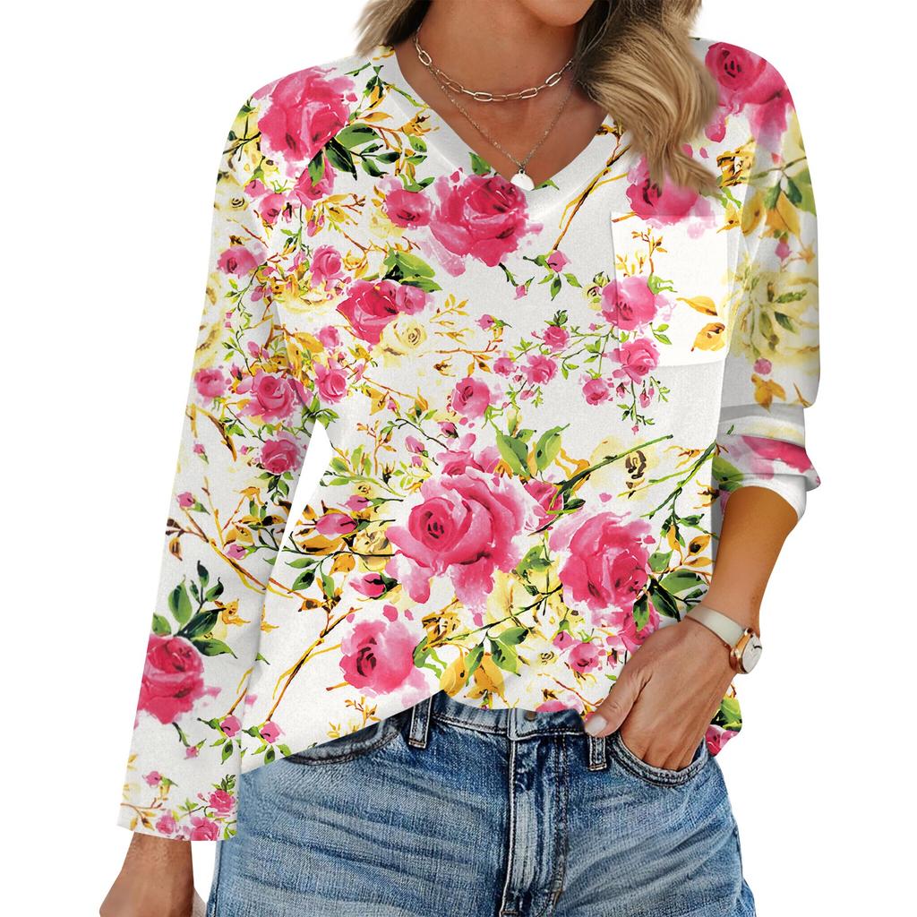 Dam Raglan Långärmad V-ringad T-shirt Sömnad Enfärgad Casual Topp Pullover V-ringad Ficka Underdel