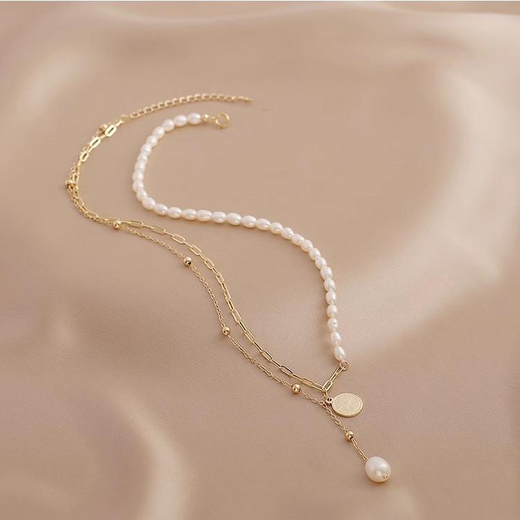 Natural freshwater pearl necklace women's niche design splicing round brand pendant collarbone chain sweater chain