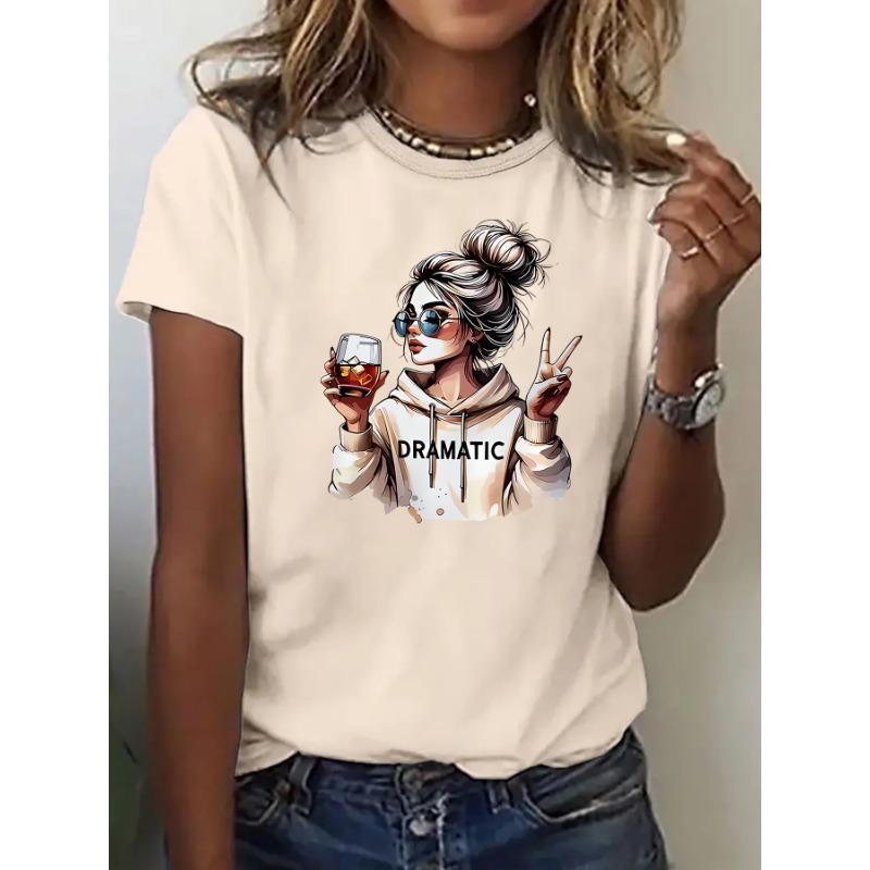 

Streetwear 90s Women S Casual Graphic T-Shirt Dramatic Print with Wine Print Short Sleeve T Shirt Clothing Top Tee S
