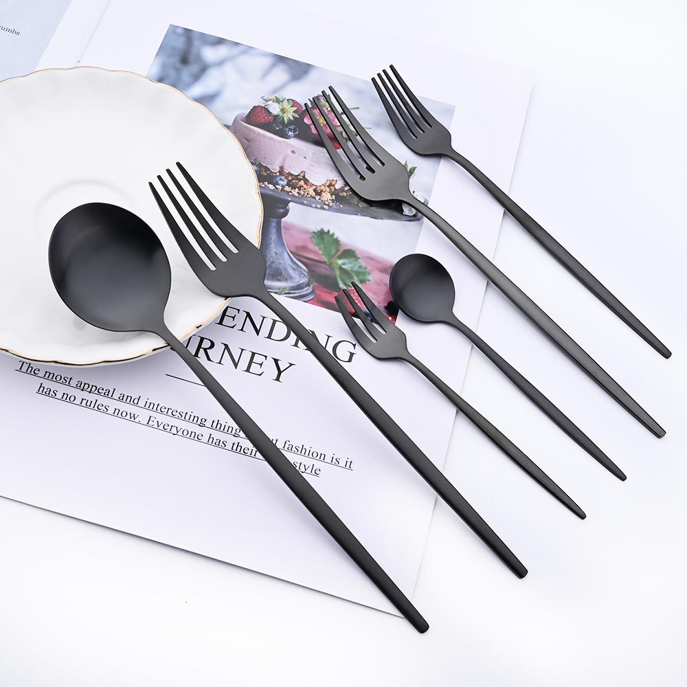 30-piece Black Handle Gold Cutlery Set Matte Finish Dinnerware Set Stainless Steel Knife Fork Spoons Kitchen Utensils Complete