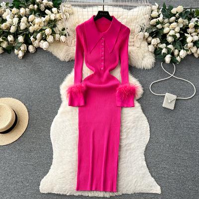 Herbst Winter Damen Strick Wickelkleider Neue Langarm Polo Kragen Knöpfe Solide Etuikleid Weiblich