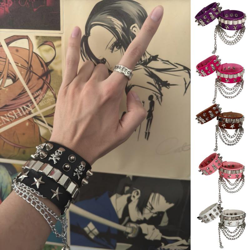 Pulsera Punk de Calavera de Cuero PU con Remaches Japonesa y Coreana - Accesorio de Street Dance y Hip Hop