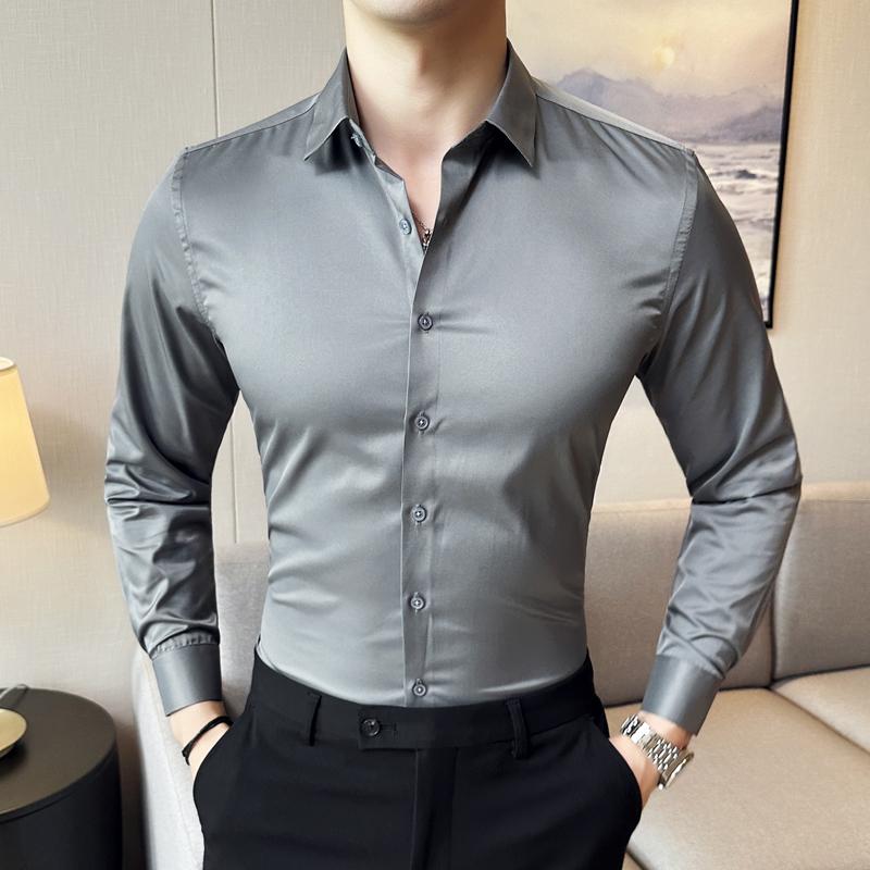 Black Men's Stretchy Wrinkle-Free Shirts, Blue Gray Red Green Asia Size M38-7XL46, White Plain Long Sleeve Office Dress Shirt.