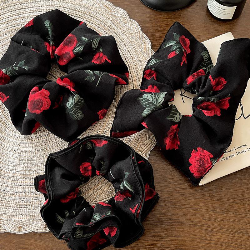 Vintage Large Rose Hair Scrunchies for Women Girl Elegant Red Flower Elastic Ponytail Holder Hair Rope Headwear Hair Accessories