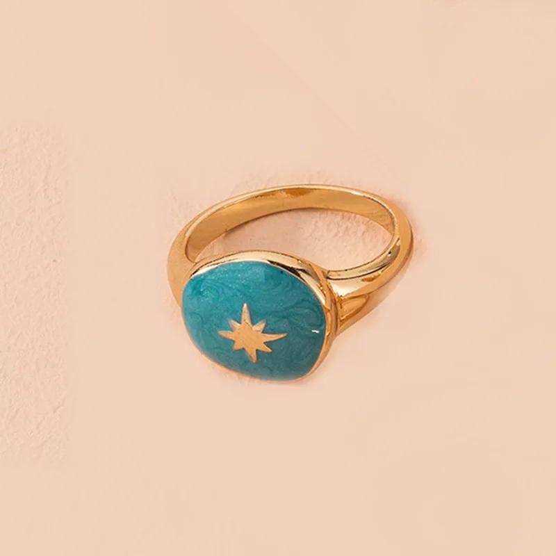 Women Gold Geometric Ring Colorful Enamel Lightning Star Moon Pattern Minimalist Chic Jewelry For Girls