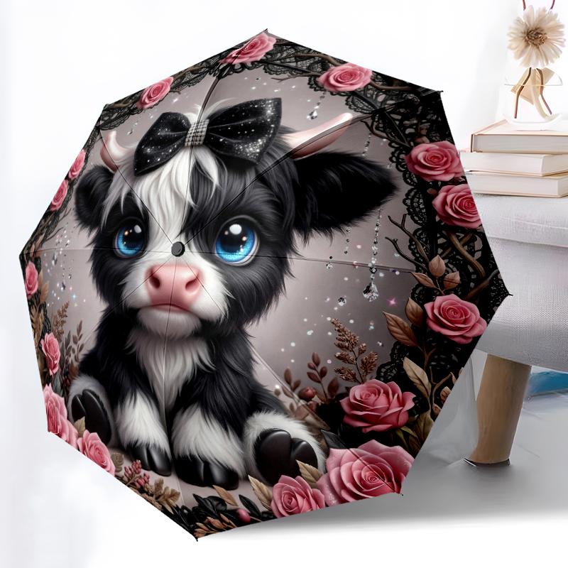 1pc Sturdy 8-Bone Auto Umbrella, Cow and Pink Flower Umbrella, Digital Printed, Foldable Umbrella for On-the-Go Outdoor Use