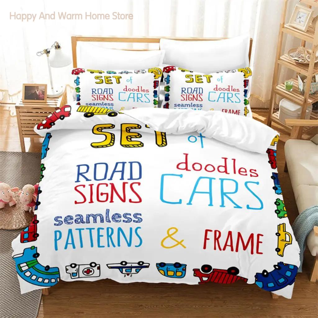 Cartoon Car Bedding Set 3Pcs Duvet Cover Soft Comfortable Breathable For Bedroom Guest Room Decor