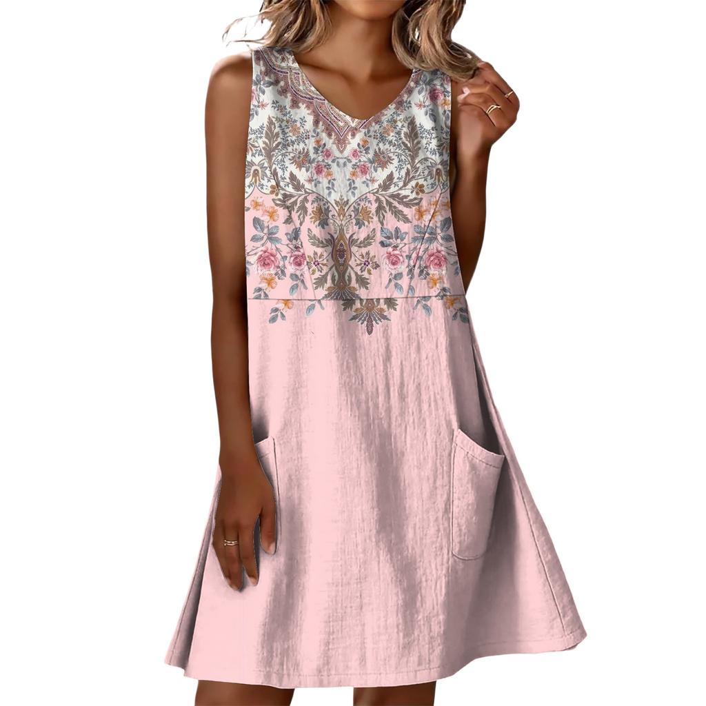 Summer Dresses For Women Loose Beach Vacation Casual Sleeveless V-neck  Sundresses With Pockets Tank Dress