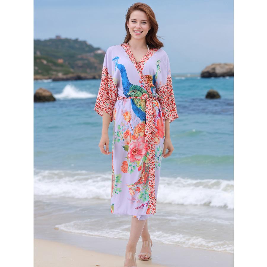 

Women s Peacock Print Kimono Loose Flowy Beach Cover Up Robe, Open Front Vacation Cardigan 1001 one size