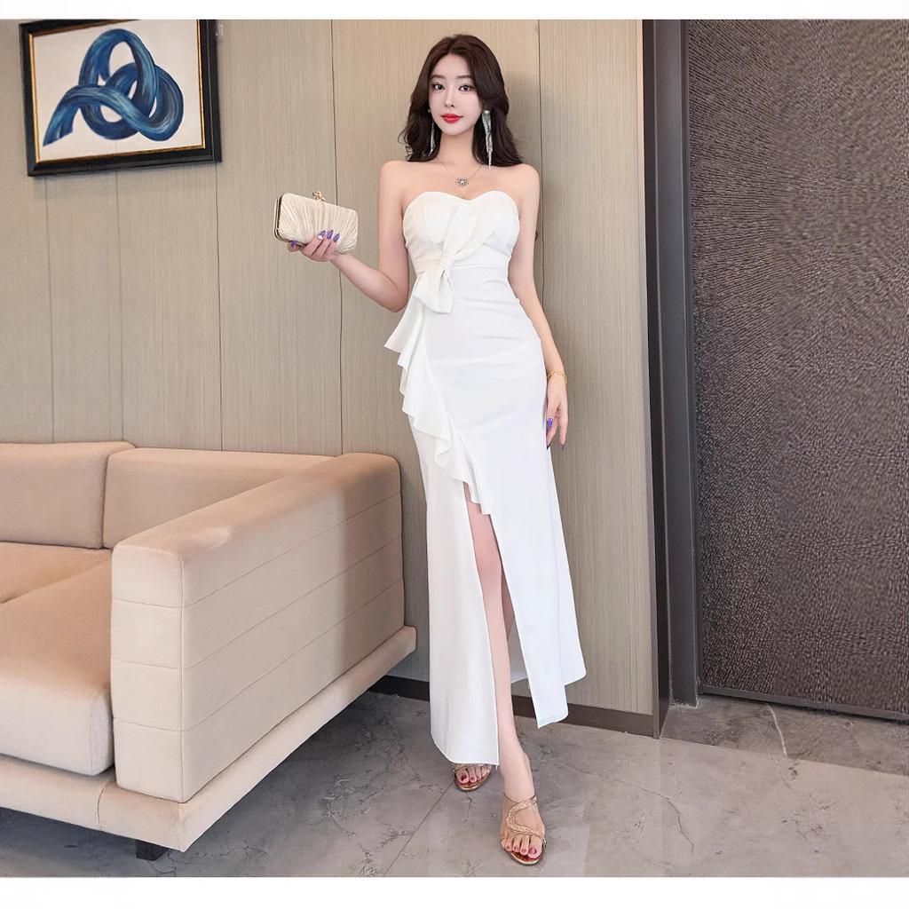 Summer new one-word sexy women's new tube top socialite banquet dress night total split fork long dress