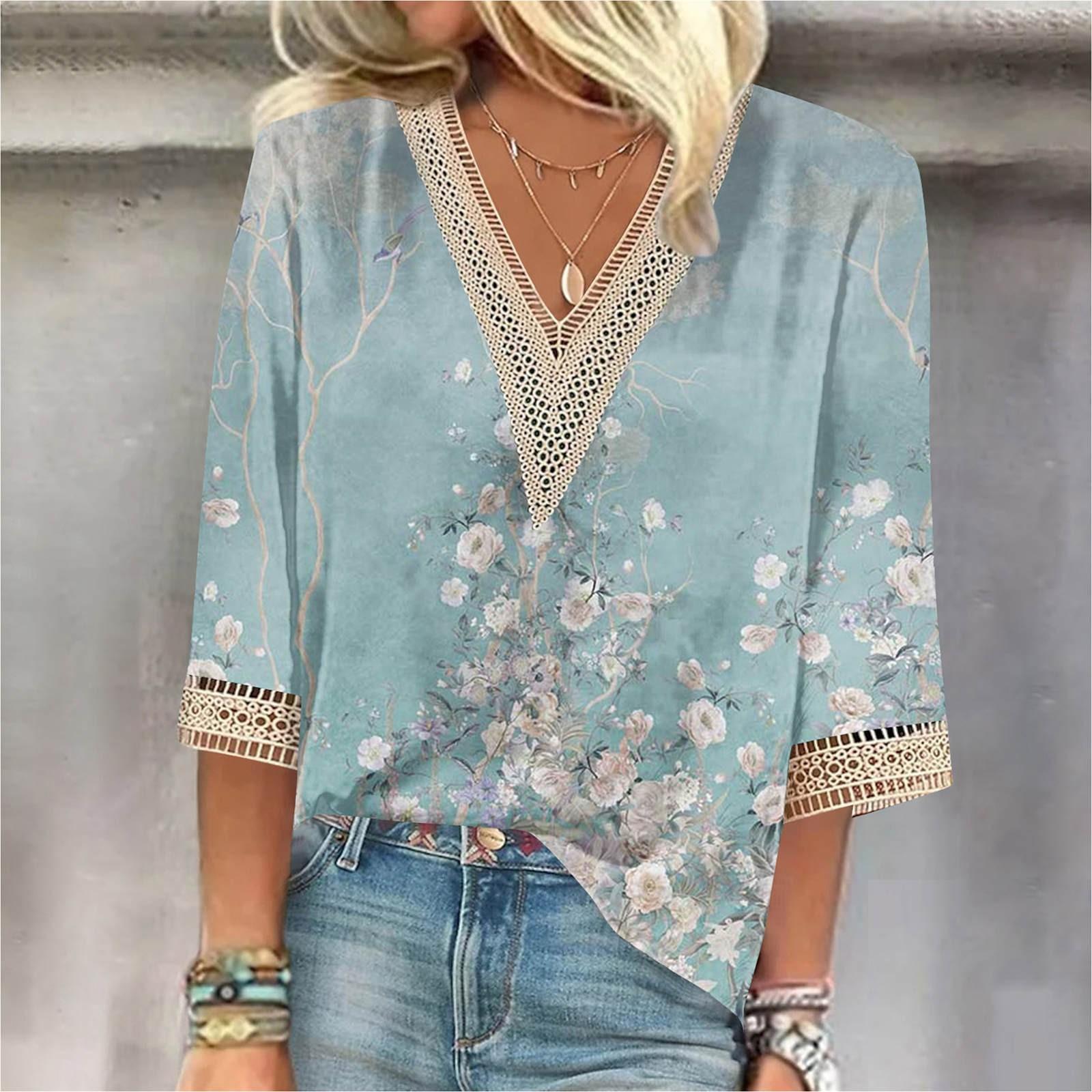 

Женские повседневные свободные рубашки с кружевной отделкой и V-образным вырезом Топы с принтом Футболки Футболки L синий