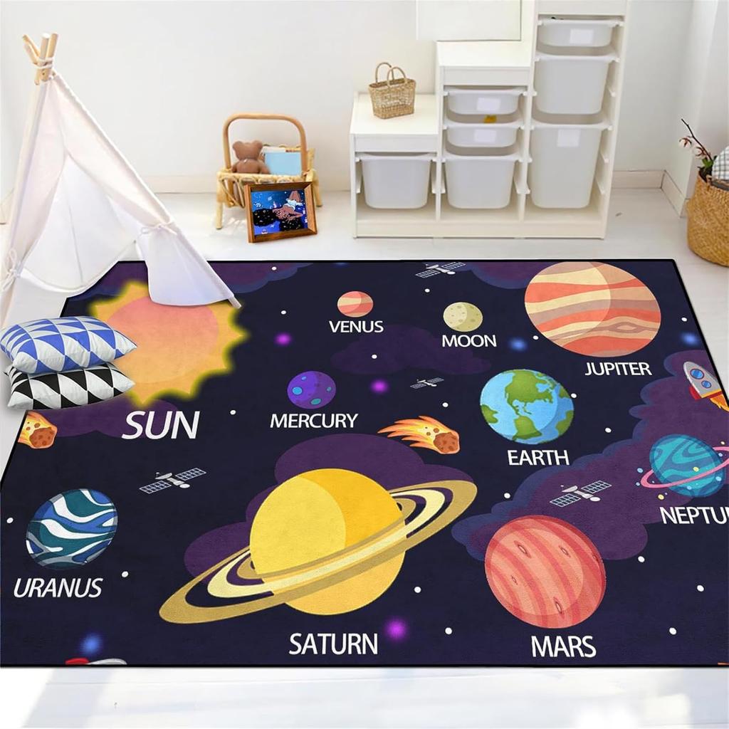 Space Rug - Space Rug for Boys Room Cartoon Solar System Carpet Educational Learning Carpet for Playroom Planet Themed Mat