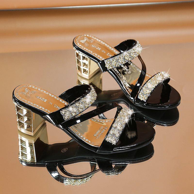 

Блестящие Золотые Серебристые Женские Сандалии Лето 2025 Кристальные Высокие Каблуки Туфли для Вечеринок Женские Удобные Шлепанцы на Толстом Каблуке Сандалии 40 чёрный