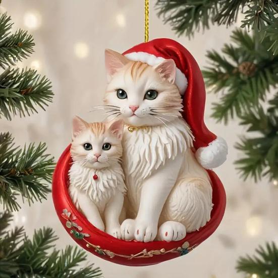 Christmas Pendant 2D Acrylic Cat Wearing Xmas Hat Charm Car Hanging Ornament Festive Atmosphere