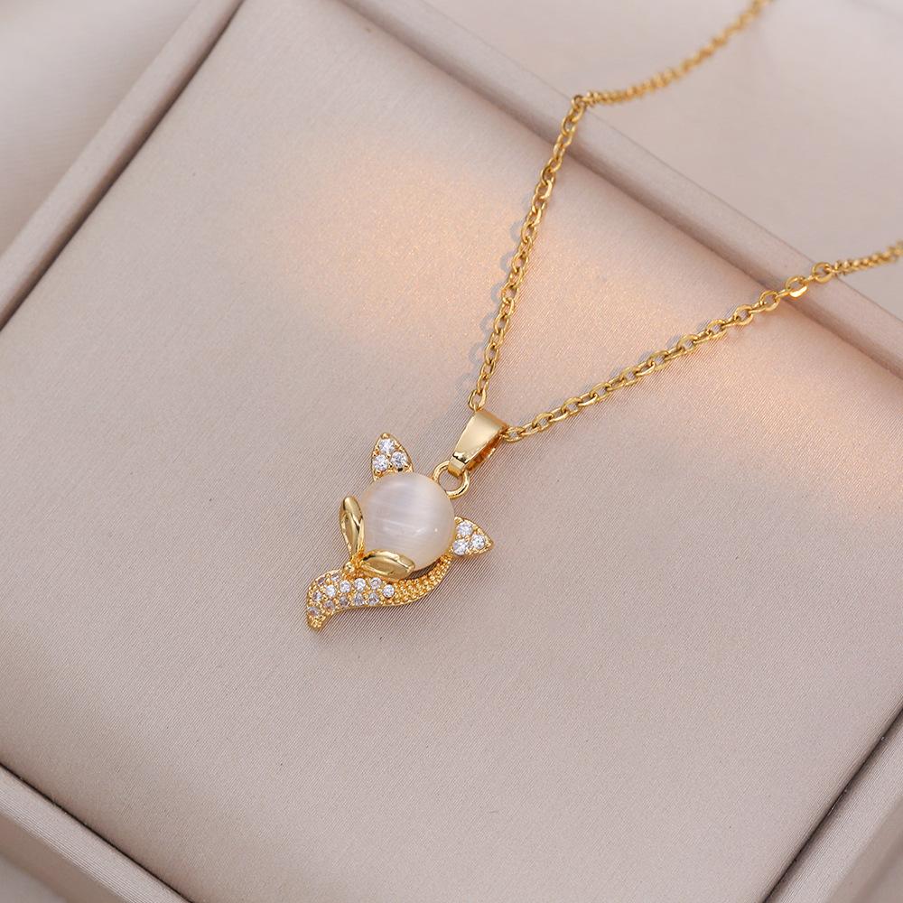 Fashion Cute Colorful Stone Fox with Zircon Necklace for Women Vintage Stainless Steel Chain Party Accessories Jewelry Gifts