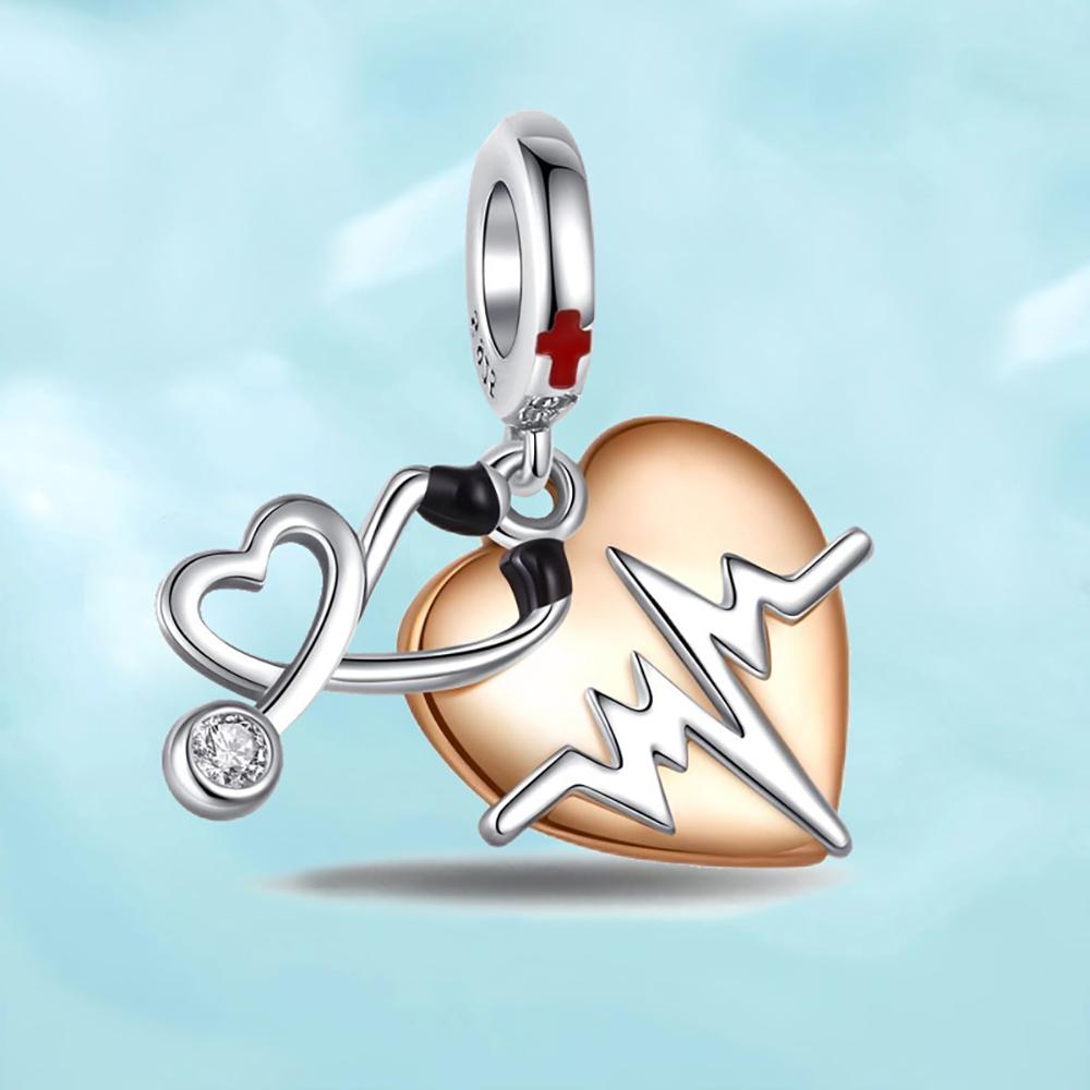 Ahthen Copper Beads Heartbeat Stethoscope Dangle Charm Ideal For Snake Chain Bracelets Necklaces For Women Jewelry Creation