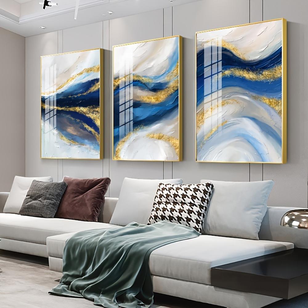3PCS/Set Golden Blue Abstract Ocean Canvas Painting Modern Artwork Luxury Poster and Print Wall Art Picture Home Decor Frameless