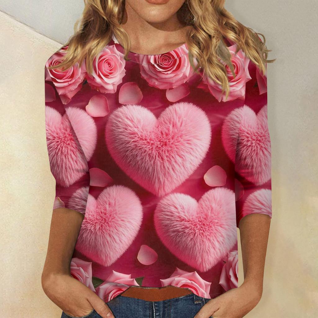 Damski top z nadrukiem walentynkowym, modny, casualowy, z rękawem 3/4 i okrągłym dekoltem
