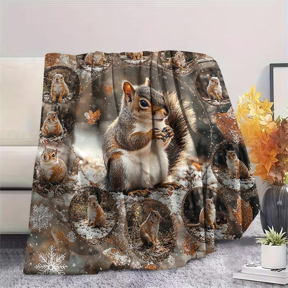 Squirrel Print Flannel Blanket, High quality Comfortable for All Seasons, Home Decor, Warmth and Comfort, Perfect for Christmas Gifts