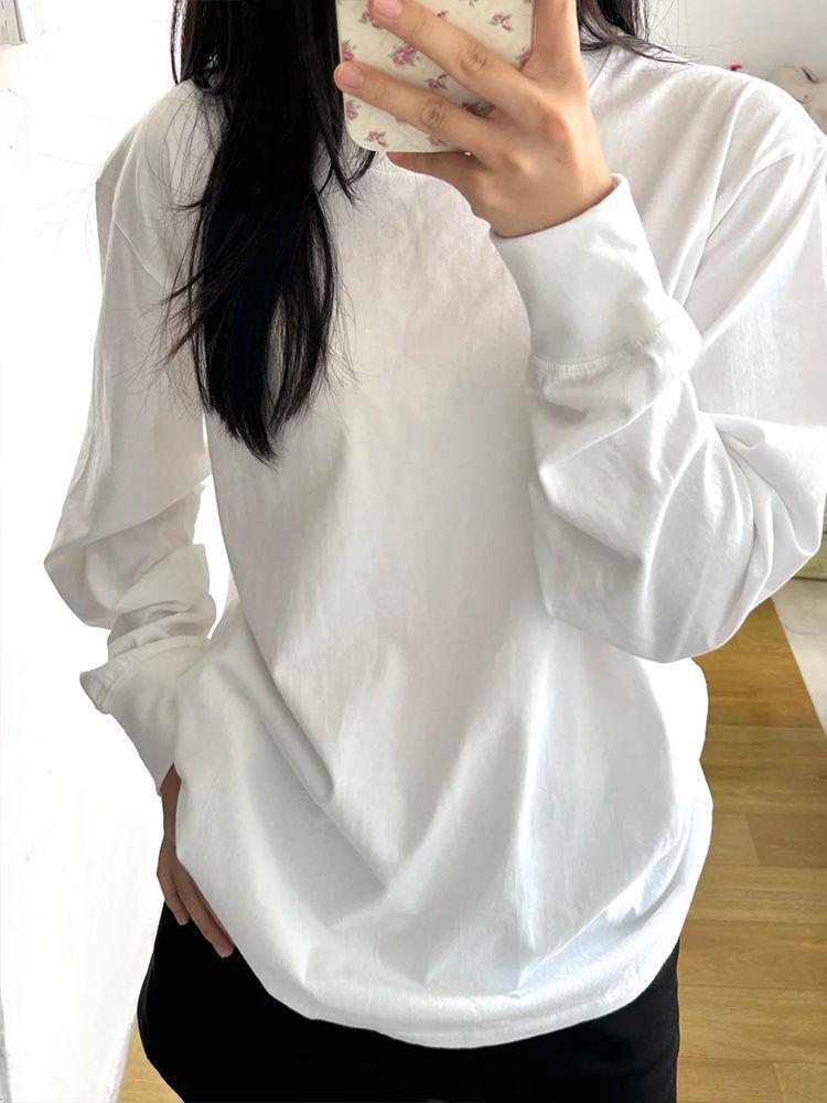 2025 Korean Style Loose Long Sleeve Women's White T-shirt: Versatile Autumn/Winter Base Layer