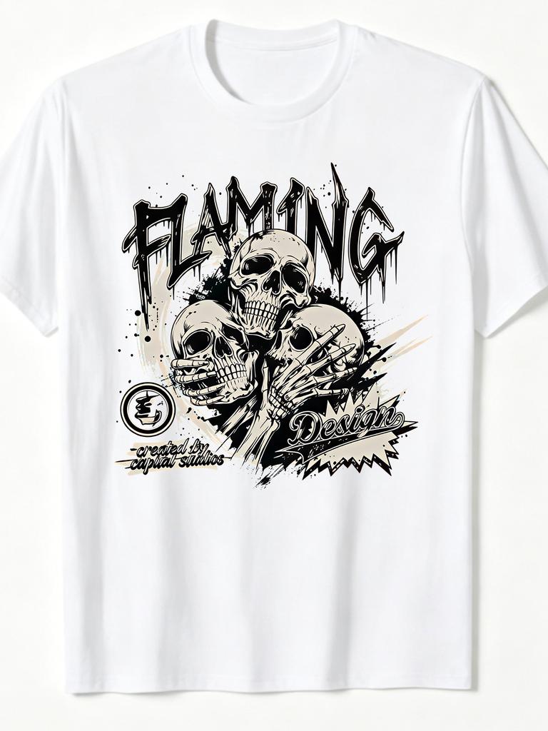Men'S Plus Size Round Neck T-Shirt with Flaming Skull Graphic Print, Vintage Street Style Casual Tee for Halloween And Everyday Wear