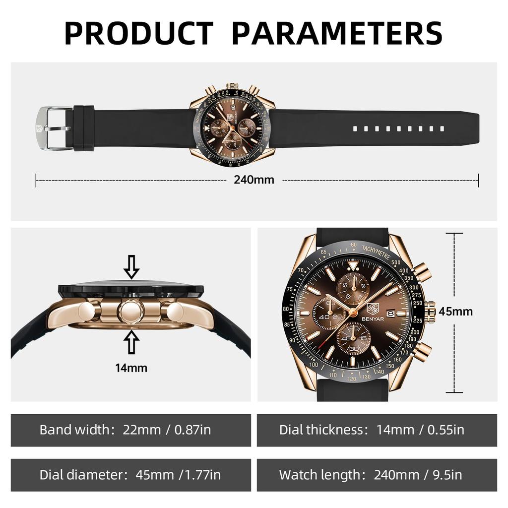 BY BENYAR Watch Watch Chronograph Analog Watch 30M Water Resistant Business Simple Stylish Popular Formal Leather Belt Quartz Watch Gift for Men Brown