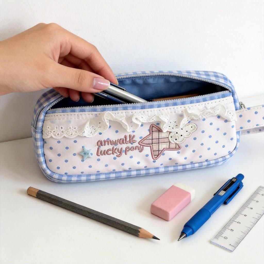 Cotton Vintage Plaid Pencil Case With Lace Detail For Students And Office Use