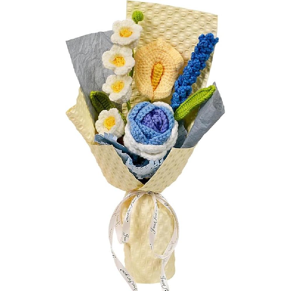 Wishwell Pop Knitted Flowers Bouquet - Pink Crochet Roses, Lily of the Valley, Lavender & Calla Lily for Valentine’s Day, Wedding, Anniversary,